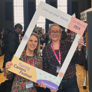 Blueberry's Zoe Thorpe and Milly Harton at the University of Leeds Spring Careers Fair 2024